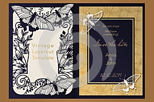 Laser cutting paper for weddings. Floral design envelope, covers, folders, invitation, badge, square frame for gift and