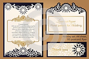 Laser cutting paper for weddings. Flower design for A4 letterhead, envelope, cover, folder, invitation, square frame for writing