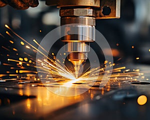 Laser Cutting Precision Intense Sparks Fly During Industrial Metal Fabrication Process.