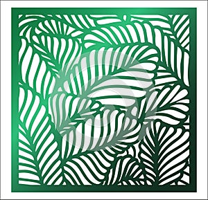 Laser cutting square panel. Openwork floral pattern with tropical leaves. Perfect for gift box silhouette ornament, wall art,
