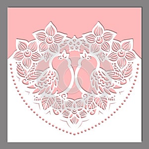 Laser cutting template. Heart of flowers with birds.