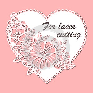 Laser cutting template. Lace heart with flowers. Vector