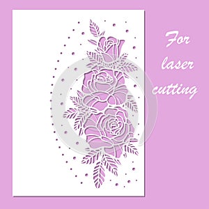 Laser cutting template. Openwork card with roses. Vector