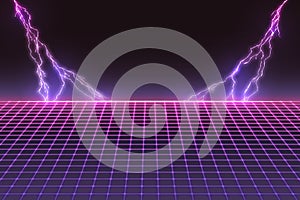 Laser Grid with Bolts of Lightning. Retro Futuristic Template in 80s Style photo