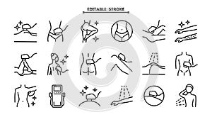 Laser hair removal line icons set. Editable stroke. Outline epilation symbols. Apparatus, equipment. Vector illustration isolated