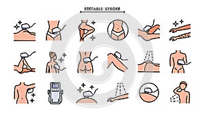 Laser hair removal line icons set. Editable stroke. Outline epilation symbols. Apparatus, equipment. Vector illustration isolated