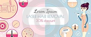 Laser hair removal or photoepilation. Template of a banner for advertising of a salon of a laser cosmetology. IPL beauty