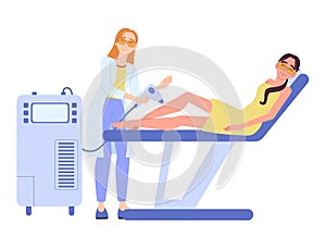 Laser hair removal. Two women in a beauty salon in cartoon style. Vector illustration