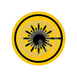 Laser hazard sign. Black danger icon on yellow round symbol. Vector illustration of laser radiation. Hazard symbol