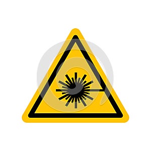 Laser hazard sign. Black danger icon on yellow triangle symbol. Vector illustration of laser radiation