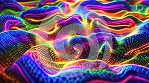 Laser interference patterns creating complex moir effects rendered in holographic colors