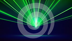 Laser light show. Bright led laser beams, dj light party. Blue illuminated stage, green led strobe lights. Background, backdrop