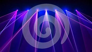 Laser light show. Bright led laser beams, dj light party. Illuminated blue pink stage, led strobe lights. Background, backdrop for