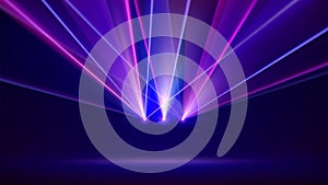 Laser light show. Bright led laser beams, dj light party. Illuminated blue pink stage, led strobe lights. Background, backdrop for