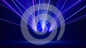 Laser light show. Bright led laser beams, dj light party. Illuminated blue stage, led strobe lights. Background, backdrop for