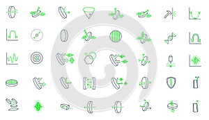 Laser optics green colour icons set