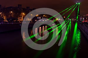 Laser over Senne river in Brussels, Belgium