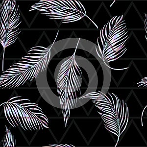 Laser palm leaves tropical vector seamless pattern on abstract geometric triangular background