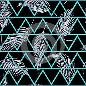 Laser palm leaves tropical vector seamless pattern on abstract geometric triangular background