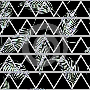 Laser palm leaves tropical vector seamless pattern on abstract geometric triangular background