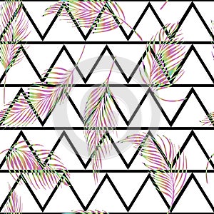 Laser palm leaves tropical vector seamless pattern on abstract geometric triangular background