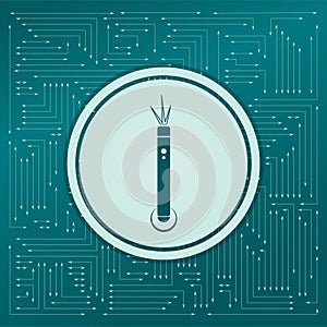Laser pointer icon on a green background, with arrows in different directions. It appears the electronic board.