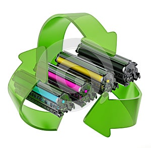 Laser printer CMYK toners inside recycle arrows. 3D illustration