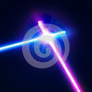 Laser sabers war. Glowing rays in space battle.