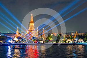 Laser show in yee peng festival under loy krathong day at Wat Arun, Bangkok, Thailand