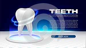Laser teeth whitening futuristic style banner. White tooth in technological room on round pedestal illuminated by blue
