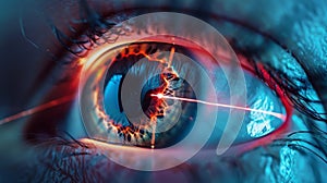 Laser vision correction. Close-up of a female eye with laser beam aimed at the pupil. Ophtalmology concept photo