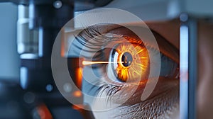 Laser vision correction. Close-up of a female eye with laser beam aimed at the pupil. Ophtalmology concept photo