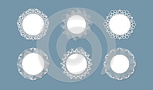 Lasercut lace doily design Round pattern ornament Template mockup of a round white lace doily napkin lasercut frame Set Design photo