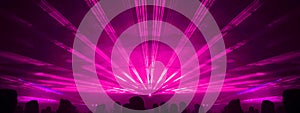 Lasershow festival disco  party background banner panorama - Colorful outdoor laser show with rays streams and crowd silhouette of