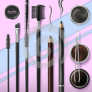 Lash and Brow Bar. Accessories. Make up. Tools for care of the brows. Eyebrows pencil. Angle brush, tweezers and comb