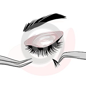 Lash extension beautican procedure, lash stylist make faux eyelash extention, professional beauty service. Permanent Natural