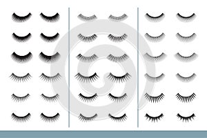 Lashes collection. Different Shapes of False Eyelashes. Closed Eyes. Eyelash Extension guide. Vector Illustration photo