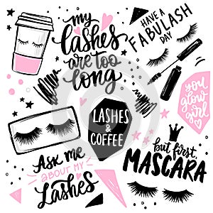 Lashes, mascara, makeup, cosmetic, coffee - set with closed eyes, lettering calligraphy quotes or phrases.