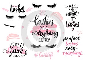 Lashes, mascara, makeup-set with closed eyes, lettering calligraphy quotes or phrases.