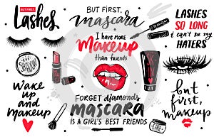 Lashes, mascara, makeup-set with eyes, red lips, lipstick, eyeshadow and quotes or phrases.