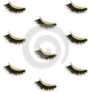 Lashes seamless vector pattern with gold glitter effect