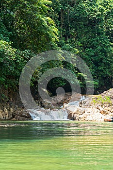 Lasir waterfall flowing in Lake Kenyir, Terengganu Malaysia