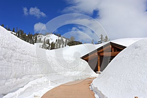 Lassen Volcanic National Park, Deep Snow at Visitor Center in Spring, Northern California, USA