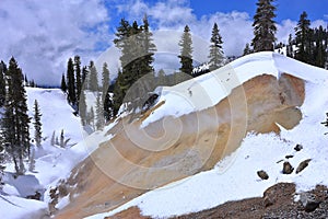 Lassen Volcanic National Park with Fumaroles at Sulphur Works in Spring Snow, California, USA