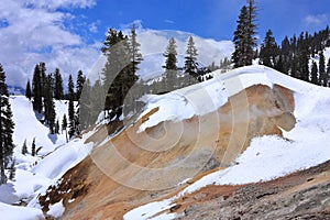 Lassen Volcanic National Park with Sulphur Works Solfatare in Spring Snow, Northern California