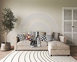 Ð¡lassic beige light interior with furniture. Scandinavian boho style. 3D render illustration.
