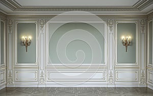 lassic interior in olive colors with wooden wall panels and sconces. 3d rendering.