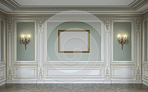 lassic interior in olive colors with wooden wall panels, sconces and frame. 3d rendering.