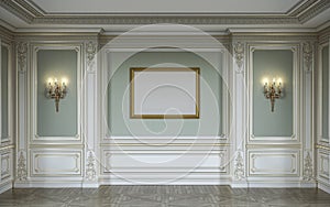 lassic interior in olive colors with wooden wall panels, sconces, frame and niche. 3d rendering.