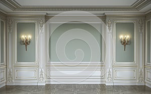 lassic interior in olive colors with wooden wall panels, sconces and niche. 3d rendering.